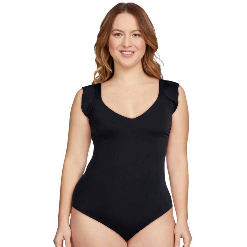 Time and Tru Women's Ruffle Strap One Piece Swimsuit, Rich Black, Medium, NWT